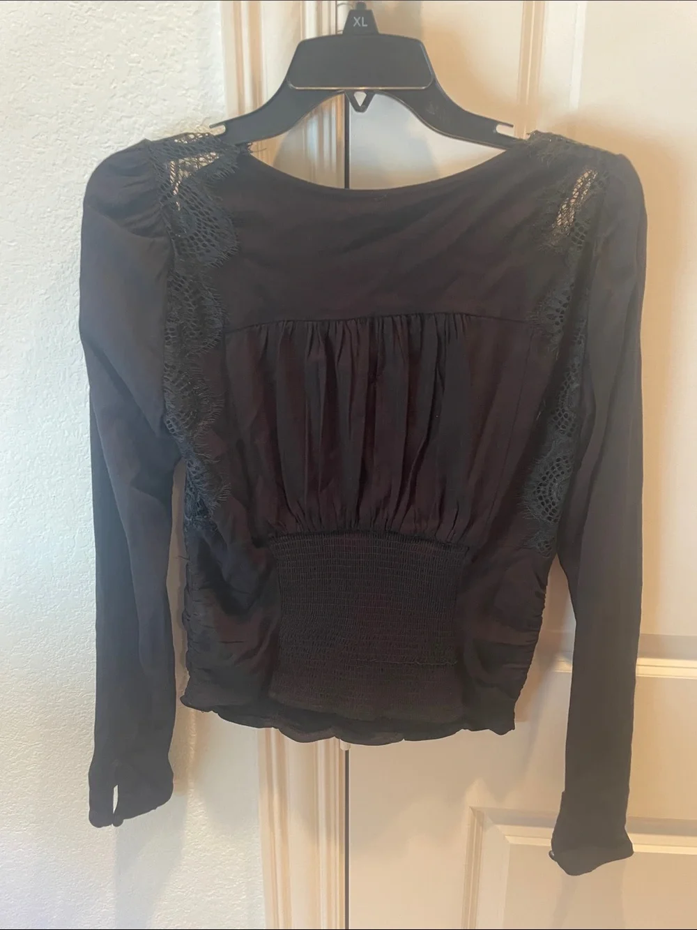 Free People Black Long Sleeve Lace-Trim Blouse